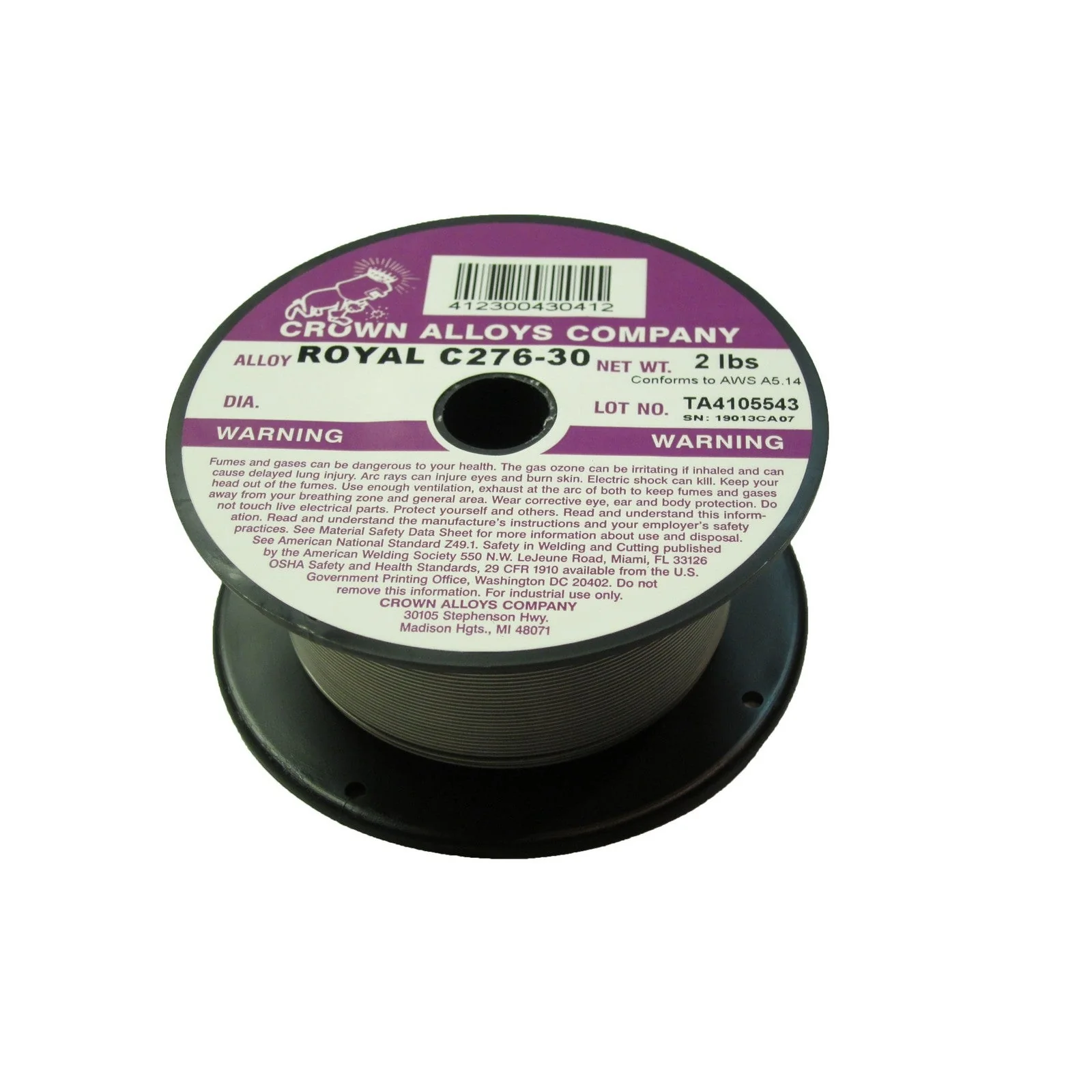 Crown Alloy .045 x 2# ROYAL C276-30 Nickel-Chromium-Moly (ER NiCrMo-4) MIG 2 lb SPOOL (RSC276/1G)