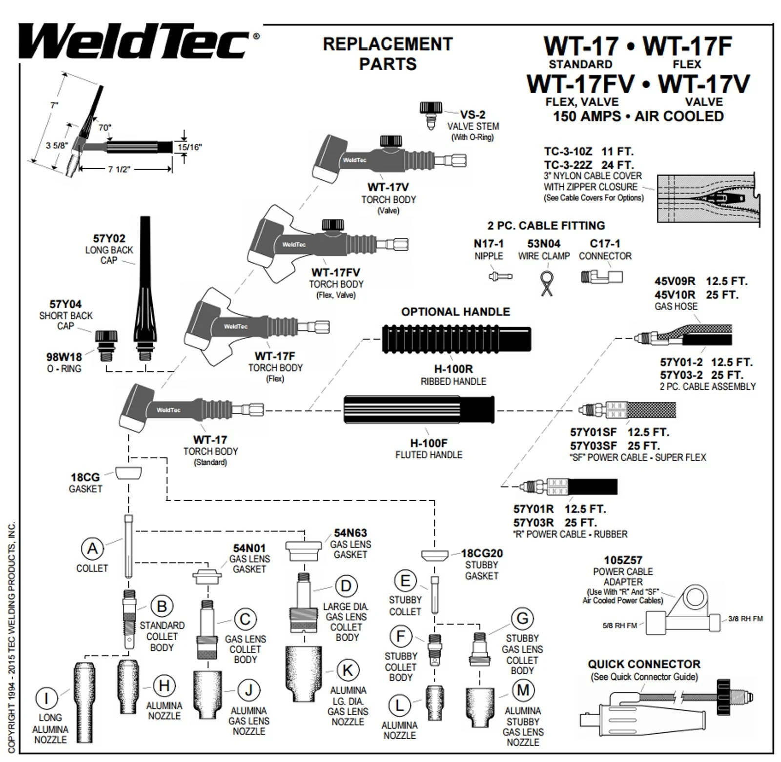 Weldtec 25FT 150 Amp Air Cooled TIG Torch with Flex and Valve (WT-17FV-25R) - Image 2
